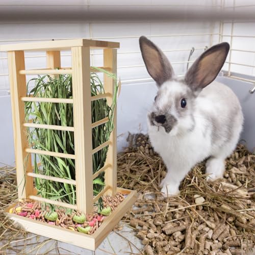 kathson Rabbit Wooden Hay Feeder,Wooden Rabbit Hay Rack Less Wasted Guinea Pig Hay Holder Wood Small Animal Hay Feeder Self Standing Cage Accessories for Chinchillas Hamsters Bunny