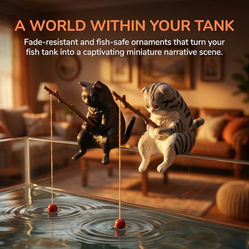 Cute Cat Fishing Figurines for Cat Fish Tank, 7PCS Mini Resin Cat Aquarium Decorations, Funny Fish Tank Decor, Small Aquarium Ornament, Miniature Garden Decor for Cat Lovers