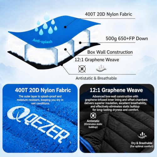 0 Degree Down Sleeping Bag for Adults,Cold Weather Backpacking | 650 Fill Power Down, 4-Season Use, Large Lightweight Compact Carry, Camping Hiking Backpacking - color: 500g-Blue