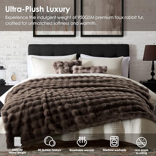 WDCOZY Luxury Bubble Throw Blanket, Brown Faux Rabbit Fur Mink Plush Throw for Couch Sofa Bed, Super Soft Fluffy Cozy Decorative Blanket, Thick and Warm, Living Room Decor, Small 50x60 inches - color: Solid - Brown, size: Throw (50" x 60")
