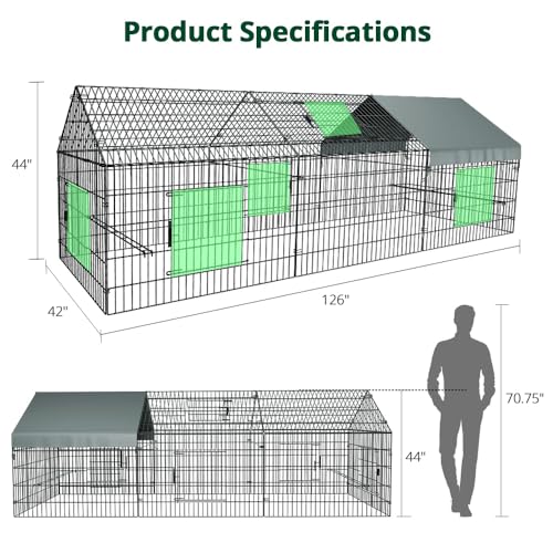 Chicken Coop, 130"×40"×40" Chicken Run Pen with Cover for Yard | Waterproof Sunshade Cover, Auto-lock Door, Ground Stake, Metal Portable Chicken Tractor for Poultry, Rabbits & Small Animals - size: 130.0"L x 40.0"W x 40.0"H