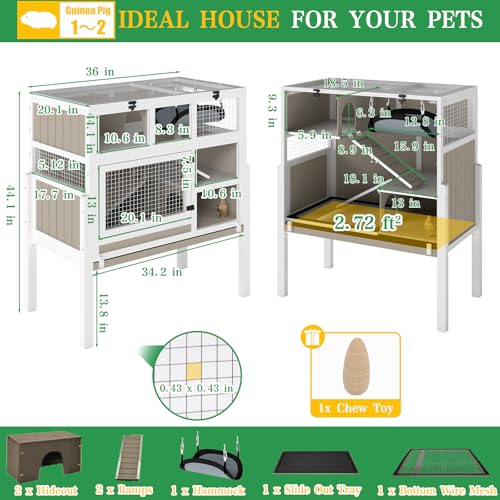 Ketive Guinea Pig Cages Indoor, 3-Story Wooden Small Animal Cage with Stand | Rabbit Hutch with Ramps, Removable Hammock & Hideout, Leak-Proof Pull-Out Tray Habitat for Hamsters, Guinea Pigs, Rabbits
