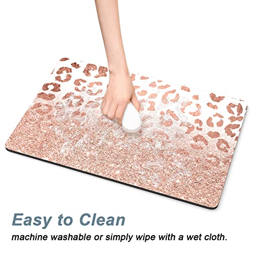 Rnivvi Dog Food Mat, 12" x 19" Leopard Absorbent Dog Cat Bowl Mat for Food and Water, Cute Anti-Slip Rubber Pet Feeding Rug Protect Floors, Puppy Placemat for Feeding & Watering Supplies, Rose - color: Rose Gold Leopard Print, size: 12"x19" (Regular)