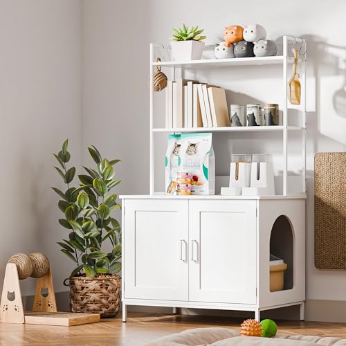 Cozy Castle Cat Litter Box Enclosure with Storage, 57'' Hidden Cat House Furniture, Wooden Cat Cabinet with Shelves & 4 S-Hooks, Indoor Cat Litter Box Organizer, White - color: White