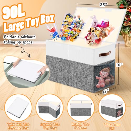 Large Toy Storage Box with Lid & Dividers, Kids Toy Chest, Gray and White | Toy Box for Boys, Girls, Nursery, Bedroom, Living Room, Playroom, 25 x 13 x 16 inches - color: Large Gray and White