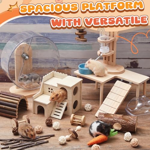 40 Pcs Hamster Cage Accessories, 9.5'' Exercise Wheel, Wood Platform Hideout House, Water Bottle, Sand Bath, Bowl, Chew Toy for Syrian Hamsters Mice Gerbils Habitat Decor (Natural Style) - style: Natural Style