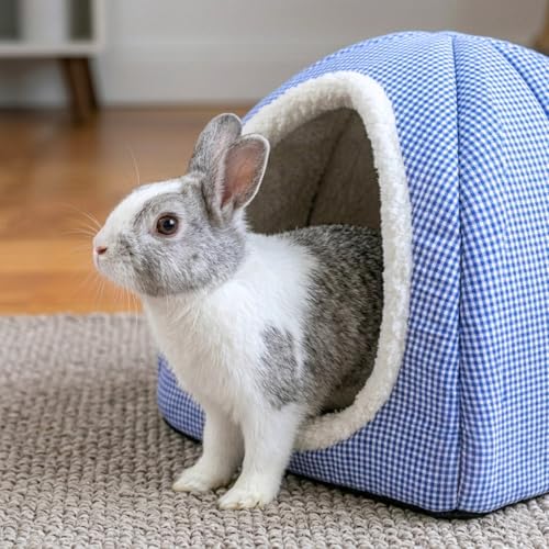 Rabbit Hideout Bed for Large Bunnies, Soft Plush Bunny House | Cozy Small Animal Hideaway with Removable Pad for Indoor Rabbits, Guinea Pigs, and Ferrets, Blue - color: Blue