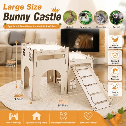 Rypet Large Wooden Rabbit Castle, Bunny Castle Hideout with Stairs | 2 Detachable Houses with Stairs, Breathable Bunny Indoor Playhouse, Quick Assembly, For Guinea Pigs, Chinchillas, Ferrets