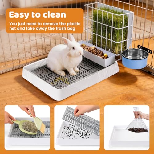 3 in 1 Rabbit Litter Box with Hay Feeder, Bunny Litter Box with Metal Hay Feeder and Hanging Water Bowl for Bunny, Guinea Pigs, Chinchillas and Other Small Animals