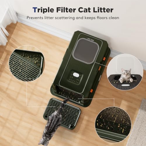 FURTIME Stainless Steel Litter Box with Lid, Enclosed Metal Cat Litter Box | XL Extra Large, Cat Box with High Sided Enclosure & Scoop, Big Cats, Front & Top Entry, Odor Free, Anti-Leakage, Green - color: Green, size: X-large