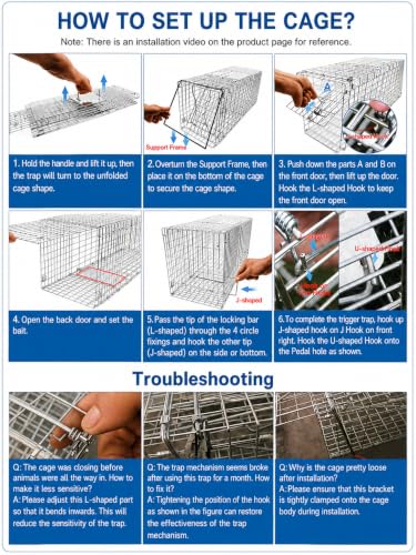 Live Animal (Under 4.4 lbs) Cage Trap, Collapsible Humane Animal Trap for Small Raccoons, Galvanized Steel Small Animal Trap Cage for Rabbit,Stray Cat,Chipmunk,Mole,Gopher,Foxes，24x7.1x8.2inches