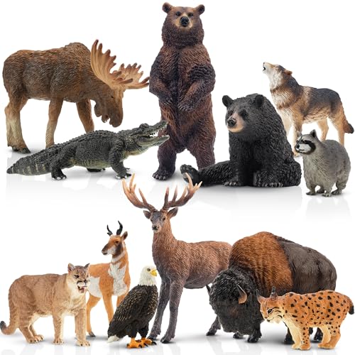 Toymany 12PCS North American Forest Animal Figurines, Realistic Jungle Zoo Animal Set Includes Moose,Cougar,Wolf,Bear,Eagle,Deer Educational Toy Cake Toppers Christmas Birthday Gift for Toddlers - style: North American Animals