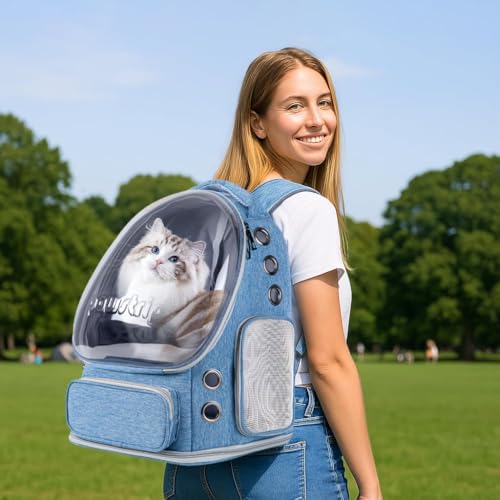 Cat Backpack Carrier Clear Bubble Window for Cats & Small Dogs up to 15 lb | Large Space Breathable Foldable Pet Carrier Airline Approved, Mesh Entry Safety Tether Washable Pad, Travel Hiking Outdoor - color: Blue
