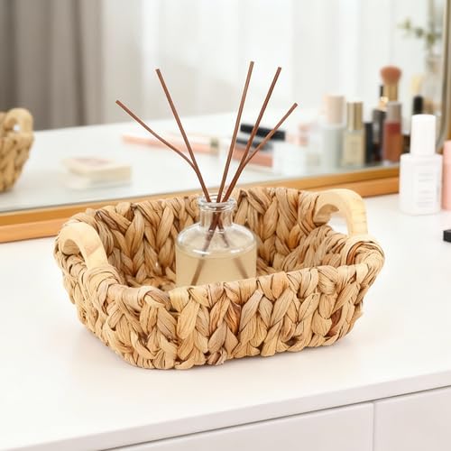 Square Small Water Hyacinth Wicker Basket for Organizing | Decor Woven Storage with Wooden Handles, Perfect for Shelves, Snack, Countertops or as Gift Basket
