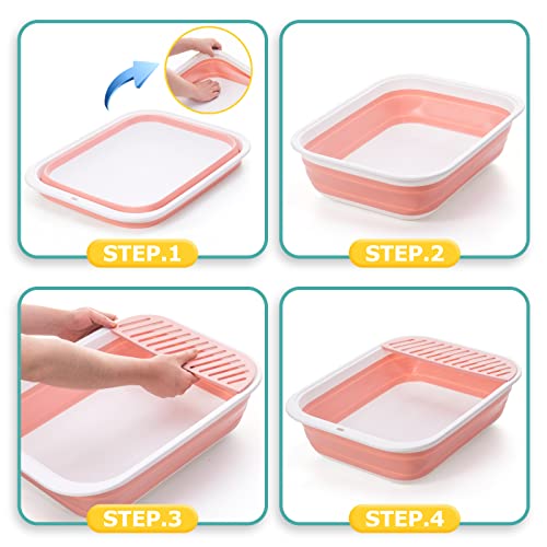 Open Top Cat Litter Box, Large Foldable Cat Potty Height-Adjustable Sides Anti-Splash, Open Air Kitty Litter Pan No Smell, Cat Toilet Easy Clean with Cat Litter Scoop (Pink) - color: SMALL PINK