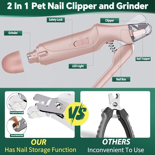 2 in 1 Dog Nail Clippers & Cat Nail Clippers Trimmers for Large Medium Small Dogs Cats Claw Trimmer Quick Sensor and Safety Guard USB Rechargeable Dogs Nail Trimmer with Catcher & 2 LED Lights - color: Pink