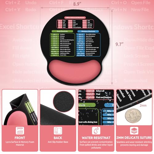 KONVINIT Ergonomic Mouse Pad with Wrist Rest, Small Excel Cheat Sheet Desk Pad with Windows & Office & Excel Shortcuts, Non-Slip Rubber Base Mouse Pads for Desk with Smooth Surface, Black Pink - color: Shortcut-Pink