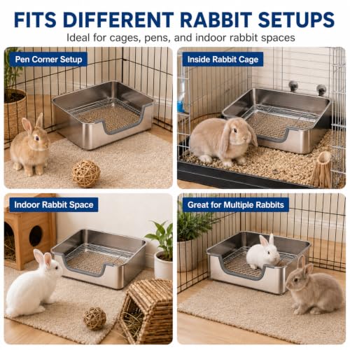 Stainless Steel Litter Box for Rabbit, Metal Bunny Litter Box Sifting Large | Non-Chewable, Easy to Clean, Long-Lasting Use, Odor Control, L: 17.2" x 13.4" x 5.9"