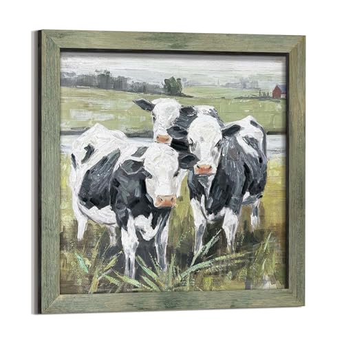 Rustic Farm Wall Art Framed: Abstract Animal Picture Country Wooden Texture Artwork Painting Cattle Cow Print Decor for Farmhouse Living Room Bedroom 24 x 24 Inches - color: Farm Cow, size: 24L" x 24W"