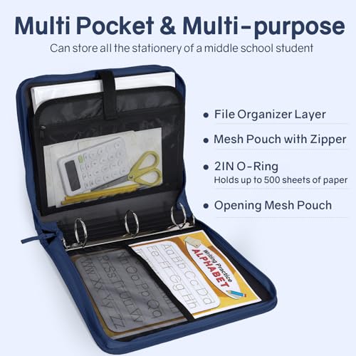 SUNEE Zippered Binder Bag with Handle, 2-Inch 3-Ring O-Ring, 500-Sheet Capacity, Includes Zip Pocket, 5-Tab Expanding File Folder, Multi-Pocket Organizer Binder for Middle School, Navy - color: Navy Blue