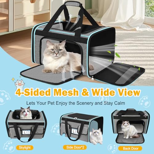 HUANLANG Large Cat Carrier Soft Sided Travel Pet Carrier Airline Approved | Dog Carriers for Small Dogs Medium Cats,Collapsible,3 Storage,zipper lock,Reflective strips,Luggage Strap, Up to 15 Lbs, Grey - color: Gray