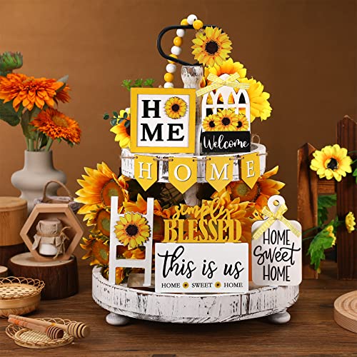 FairySandy 11 Pcs Sunflower Tiered Tray Decor Summer Rustic Home Farmhouse Tiered Tray Decorations Set Wooden Signs Vintage Farm Animal Farmhouse Tabletop Wood Signs for Kitchen Table Shelf Decor - style: Sunflower