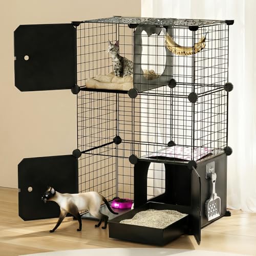 PAWING Cat Enclosure Indoor with Litter Box, 3-Tier Metal Wire Cat Cage, DIY Detachable Design for Cats, Kittens & Small Animals, Multi-Level Kennel - size: 23.6"L x 15.7"W x 35.4"H