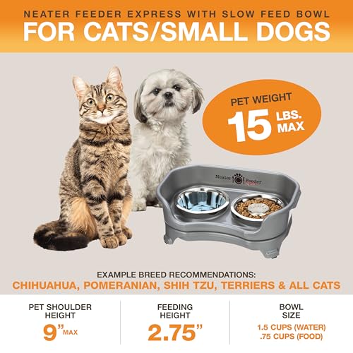 Neater Feeder Express Mess Proof Dog Bowls Elevated for Small Breed – Made in USA – No Spill Raised Slow Feeder Elevated Dog Bowl Stand, Stainless Steel Food and Water Bowl Set, Grey - color: Gunmetal Grey, size: Small w/ Metal Slow Feed Bowl