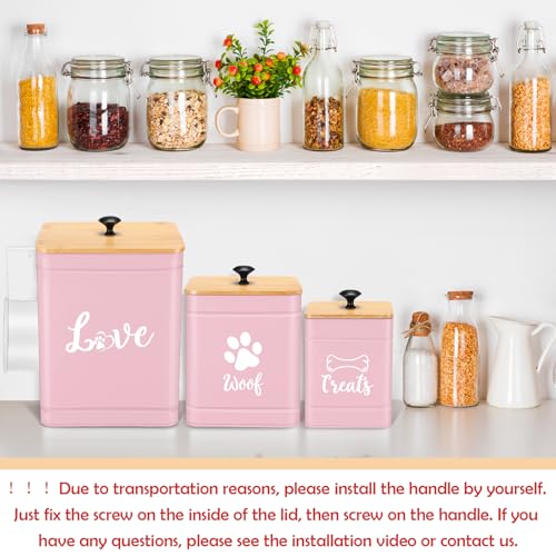 Jingmore Metal Dog Treat Containers Set of 3 with Bamboo Lids and Spoon Airtight 7+3+2 lbs Dog Food Snack Jars with DIY Labels Big Pet Cookie Storage Jar for Kitchen Counter (Pink,Funny) - color: Pink, style: Funny