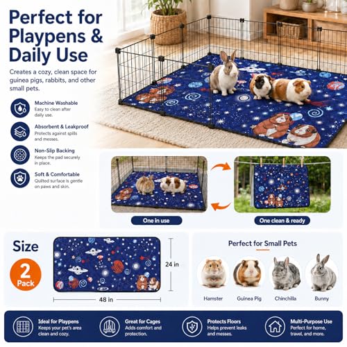 HERCOCCI 2 Pack Guinea Pig Cage Liner, 24"x48" Washable Guinea Pig Pee Pads, Absorbent Bedding Training Mat for Small Animal Guinea Pigs Rabbit Hamster Chinchilla Puppy