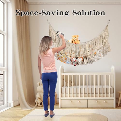 Cotton Stuffed Animal Storage,Stuffed Animal Hammock,Boho Stuffed Animal Net for Bedroom(Cream-Colored)