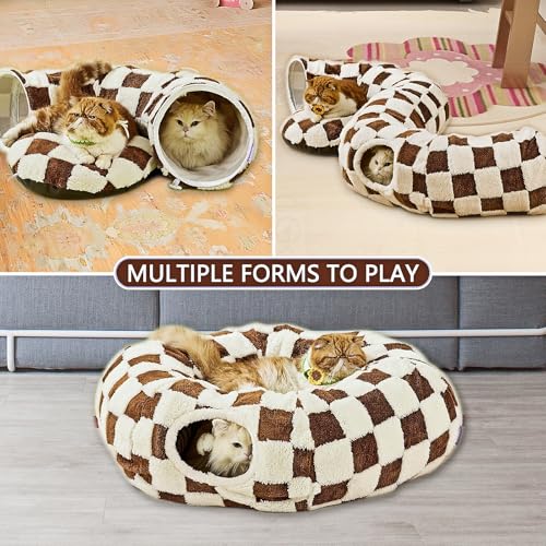 Cat Tunnel Bed with Washable Cushion for Indoor Cat, Donut Cave Tube Toys for Kitten Puppy Rabbit, Brown - color: Brown
