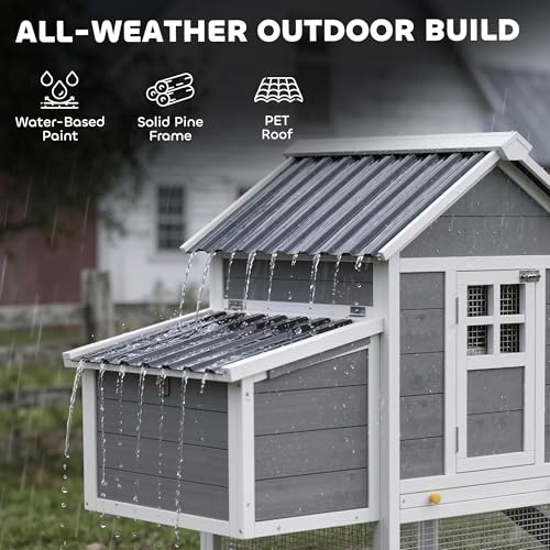 PawHut 82" Wooden Chicken Coop for 2-3 Hens with Nesting Box Gray | Large Outdoor Hen House Poultry Hutch, Pull-on Tray, Waterproof Roof, Ramp, Roosting Bars, Backyard Use