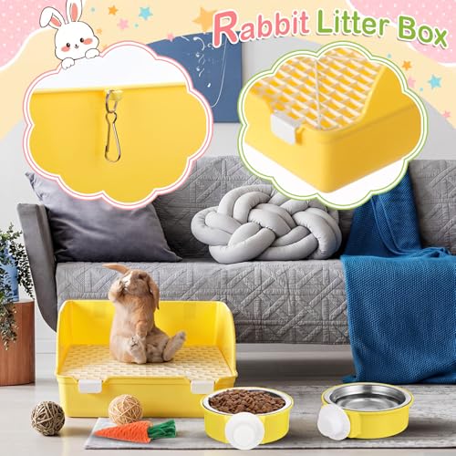 Reallnaive 15 Pcs Rabbit Starter Kit Small Rabbit Litter Box Girls Gift Animal Grooming Kit Bunny Toys Bowl Blankets with Cleaning Set for Guinea Pig Accessories(Yellow) - color: Yellow