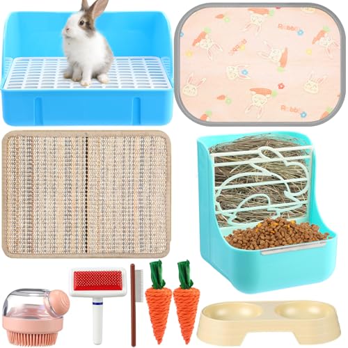 Honeydak 10 Pcs Rabbit Starter Kit Small Litter Box Bunny Grooming Kit Scratch Pads Hay Feeder Bowl Ice Pad with Bunny Toys for Guinea Pig Rabbit Accessories (Blue) - color: Blue