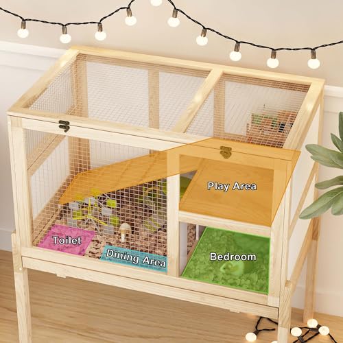 Timechee Guinea Pig House for 2 with Stand, Small Animals Rabbit Cages with a Pull Out Tray, Wooden 2 Stories Indoor Large Hamster Habitat Playpen with Ramp, Hideout, Platform