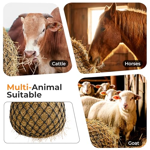 FRUITEAM Hay Nets for Horses, Heavy Duty Hay Bags with 2" Hole, Durable Hanging Hay Net for Goat Sheep, Slow Feed Hay Net with Upgraded Anti-Biting Nylon Rope (35" Length)