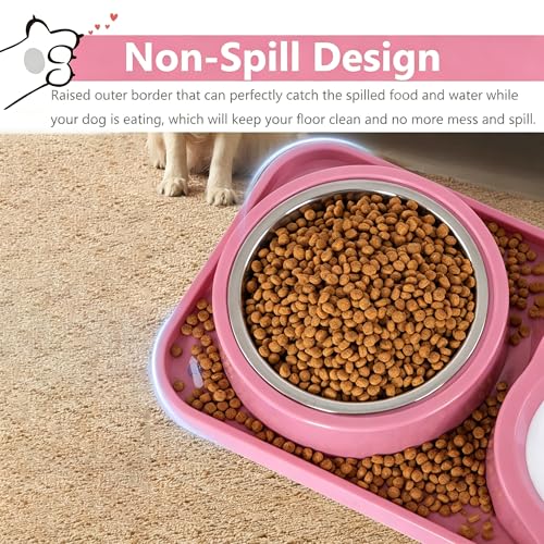 J&L VVMEET Non-Slip Dog Cat Food and Water Bowls Set with Water Dispenser | Dog Bowls Detachable Stainless Steel Bowl Gravity Pet Feeder and Waterer Set Automatic Water Refill for Cat Dog Puppy Rabbit - color: Pink, size: Water Capacity: 1000ML