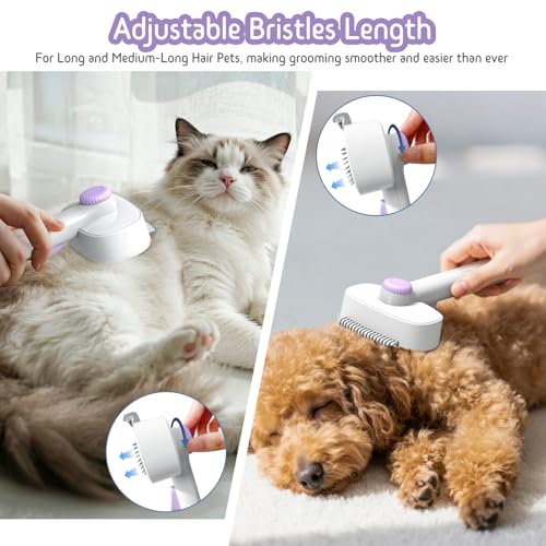 Dog & Cat Brush for Shedding, 2-in-1 Self Cleaning Deshedding Brush | Adjustable Bristle Length with Dematting Comb Skin Friendly Fur Shedding Removal Tool for Long Medium Long Hair Pets (Purple) - color: Purple