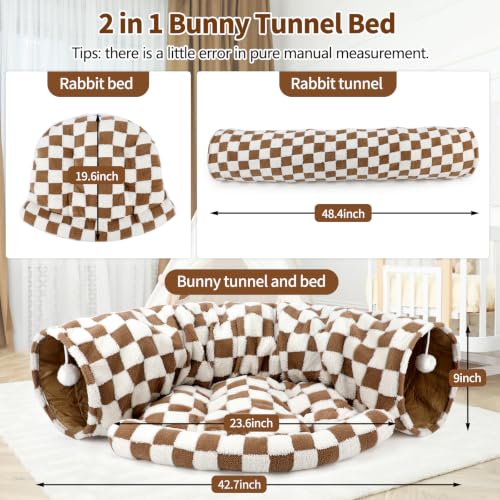 BWOGUE Bunny Tunnel Bed, Brown Plaid 2-in-1 Rabbit Tunnel Hideout with Mat | Removable Mat for Washing, Ball Toy for Play, Tunnel Tubes for Hiding, Soft Suede Fabric, Cats Rabbits Guinea Pigs - color: Brown Checks