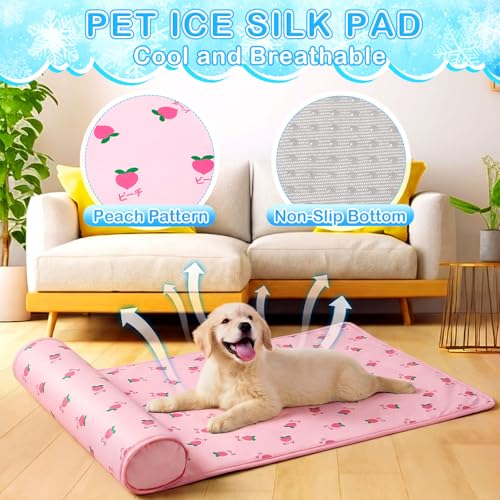 DoubleFill 4 Pack Cooling Pet Mats 15.7" x 23.6" Cooling Dog Beds with Supportive Pillow Self Ice Washable Cool Pads Summer Cat Sleeping Pad with Storage Bag for Summer Crate Floor (Small, Pink) - size: Small, style: Pink