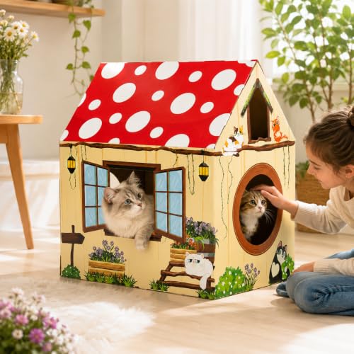 Cinrobiye Cardboard Cat House with Scratcher, Indoor Cat Condo Cat Cave Hideout with Scratch Pad, Cardboard Cat Playhouse Bed for Cats, Kittens, Rabbits & Small Pets (Mushroom) - color: Mushroom