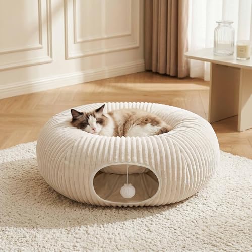 Cat Tunnel Bed with 40 Pcs Interactive Cat Toys, Cat Tube with Kitten Toys for Indoor Kittens, Collapsible Play Tunnel, White - color: White