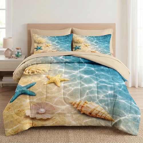 WeCozy Queen Comforter Set with Sheets, 7 Pieces Summer Beach Bedding | Bed in A Bag for All Season, Seashell Blue Ocean Sea Shell, 2 Pillowcases & 2 Shams for Kids and Adults - color: Beach Seashell, size: Queen
