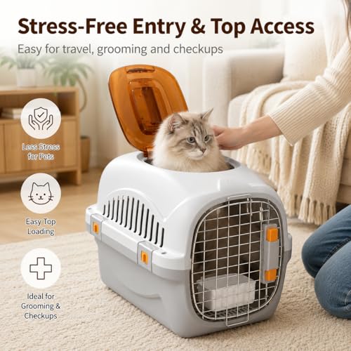 Hard Cat Carrier for Large Cats up to 20 lbs, Top Loading Plastic Pet Travel Kennel with Hard Shell, Metal Wire Door, Roof Petting Hatch and 360 Ventilation,Includes Feather Wand(Gray Set) - color: gray set