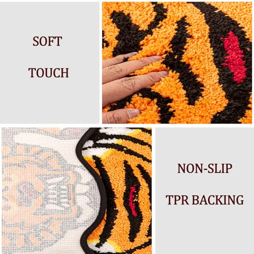 Tibetan Tiger Rug, Orange Tiger Bath Mat Fun Cute Animal Rug | 24 x 40 In, Soft Plush Pile, Non-Slip Backing, Washable, Irregular Shape, Bedroom and Living Room Floor Accent - color: Orange
