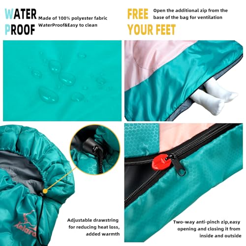 Sleeping Bags for Adults Kids - 3 Season Cold&Warm Weather Waterproof Camping Sleeping Bag - Lightweight Sleeping Bags for Camping Hiking Outdoor Travel - color: green&pink