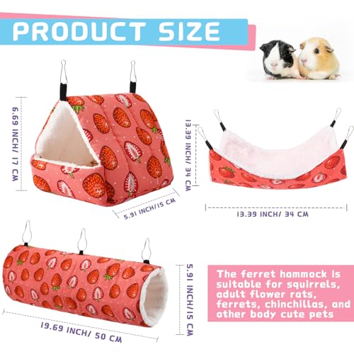 Abbylike 9 Pieces Rat Guinea Pig Hanging Hammock Ferret Cage Accessories Small Pet Hideout Tunnel Cave Hanging Hammock Hamster Toy Accessories for Ferret Hamster Chinchilla(Strawberry)