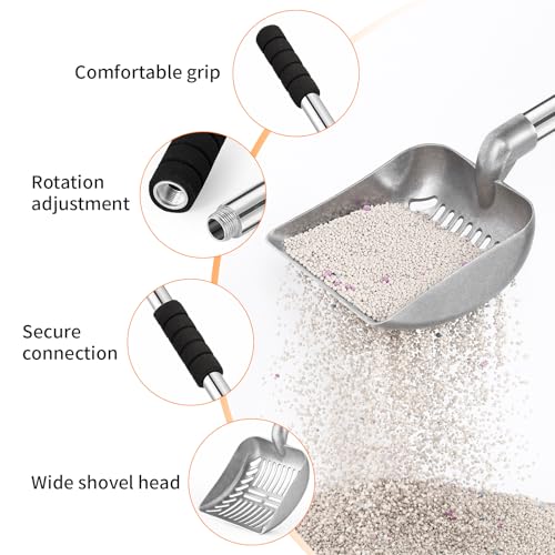 Metal Cat Litter Scoop: Detachable Long Handle Litter Scooper | Heavy Duty Stainless Steel Pooper Scooper w/Deep Shovel-Non Stick Sifter w/Foam Padded Grip-No Bending w/Storage Hook - color: silver shovel