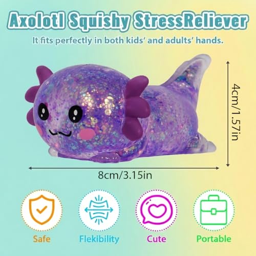 3.94 in Purple Glitter Crawling Axolotl Squishy Slow Rising | Soft TPR, Floating Glitter, squeeze toy, busy hands, stress relief, focus support, home, class, travel, kids and adults - color: Purple